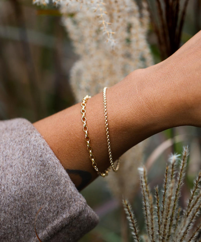 two gold chain bracelets on a wrist against natural plant background