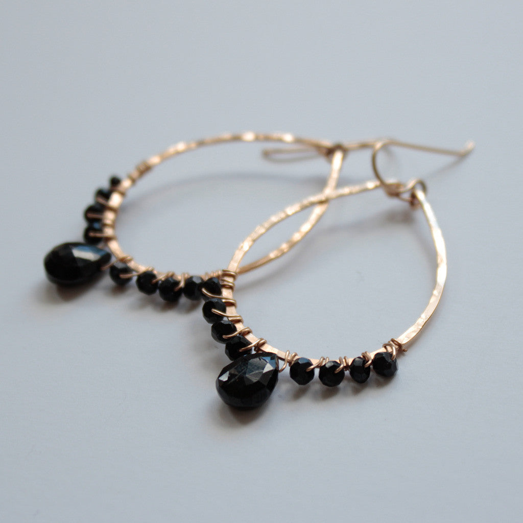 black spinel and gold teardrop hoop earrings by delia langan jewelry