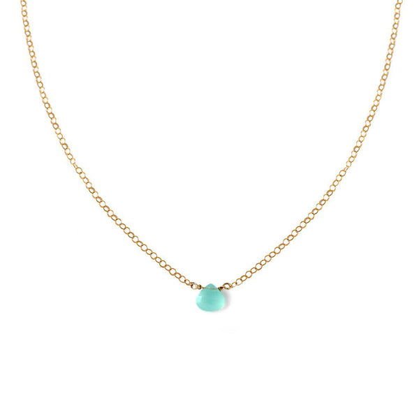 dainty blue chalcedony pendant on delicate gold chain