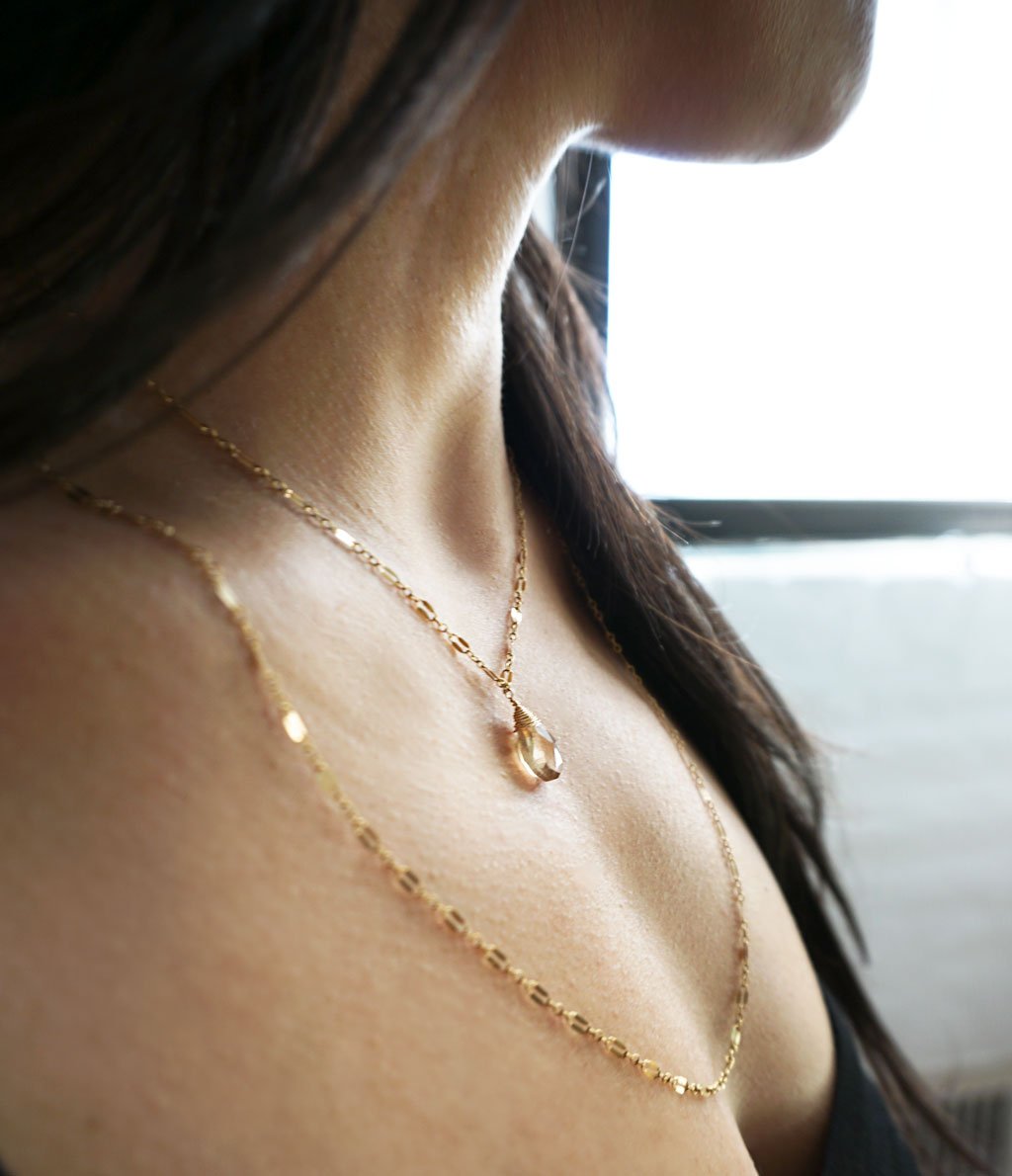 champagne quartz wrap necklace on 14k gold filled chain handmade by delia langan jewelry