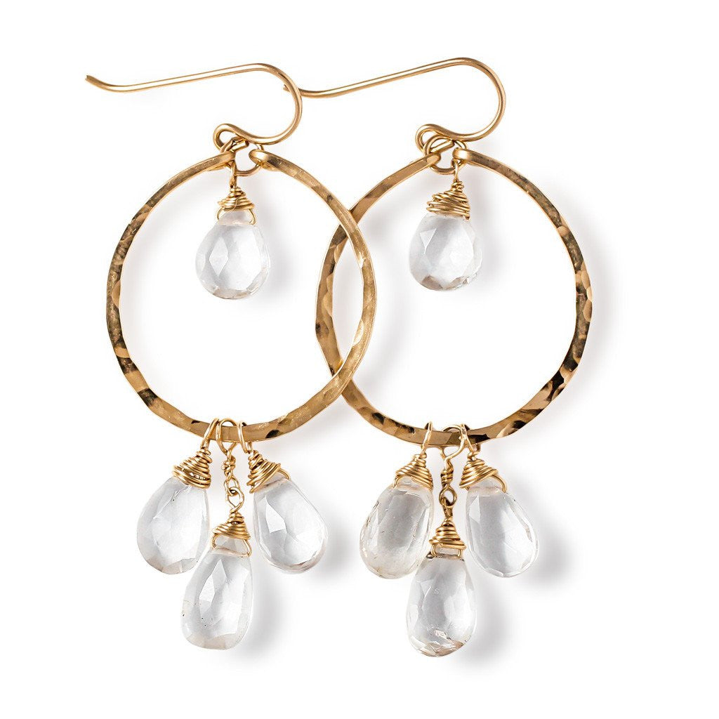 14k gold filled crystal quartz dreamcatcher gemstone hoops on a white surface