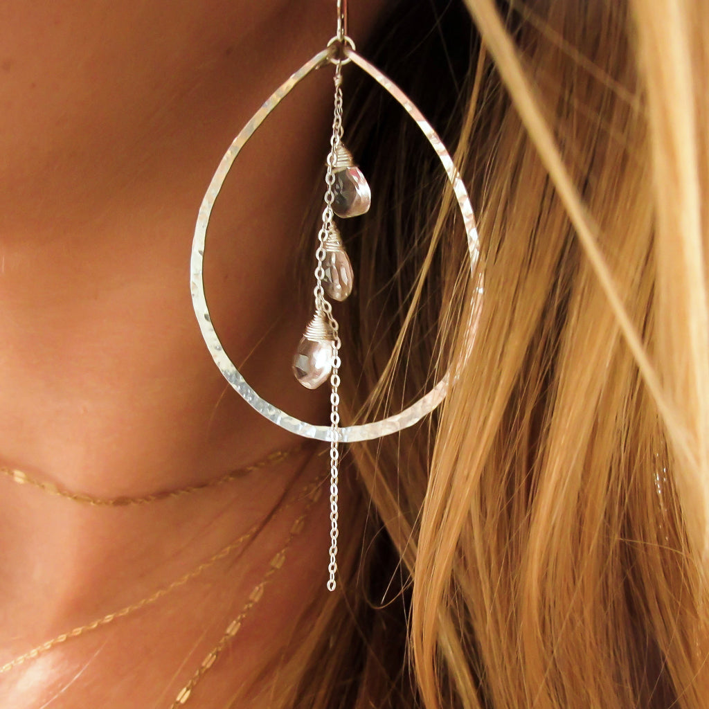 crystal quartz and sterling silver large hammered teardrop hoop earrings