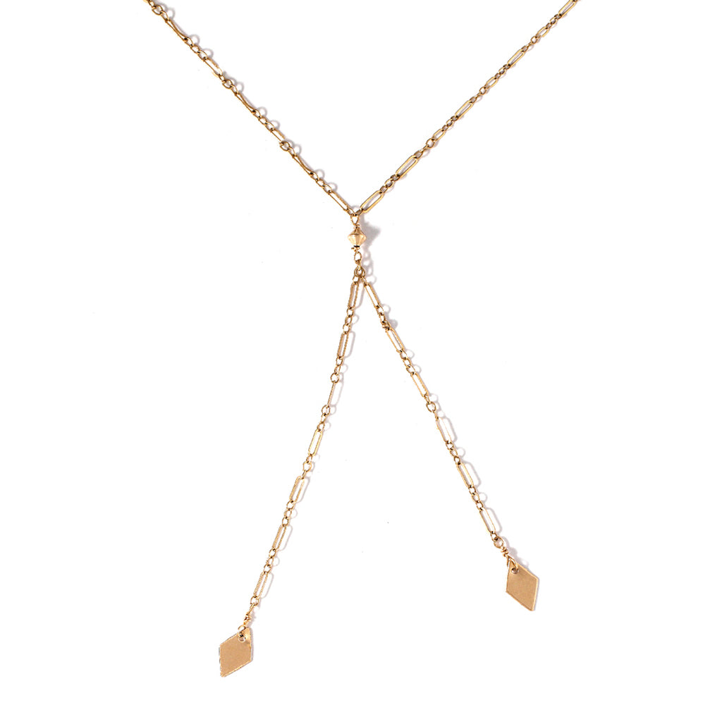 gold y shaped lariat necklace with diamond shaped pendants