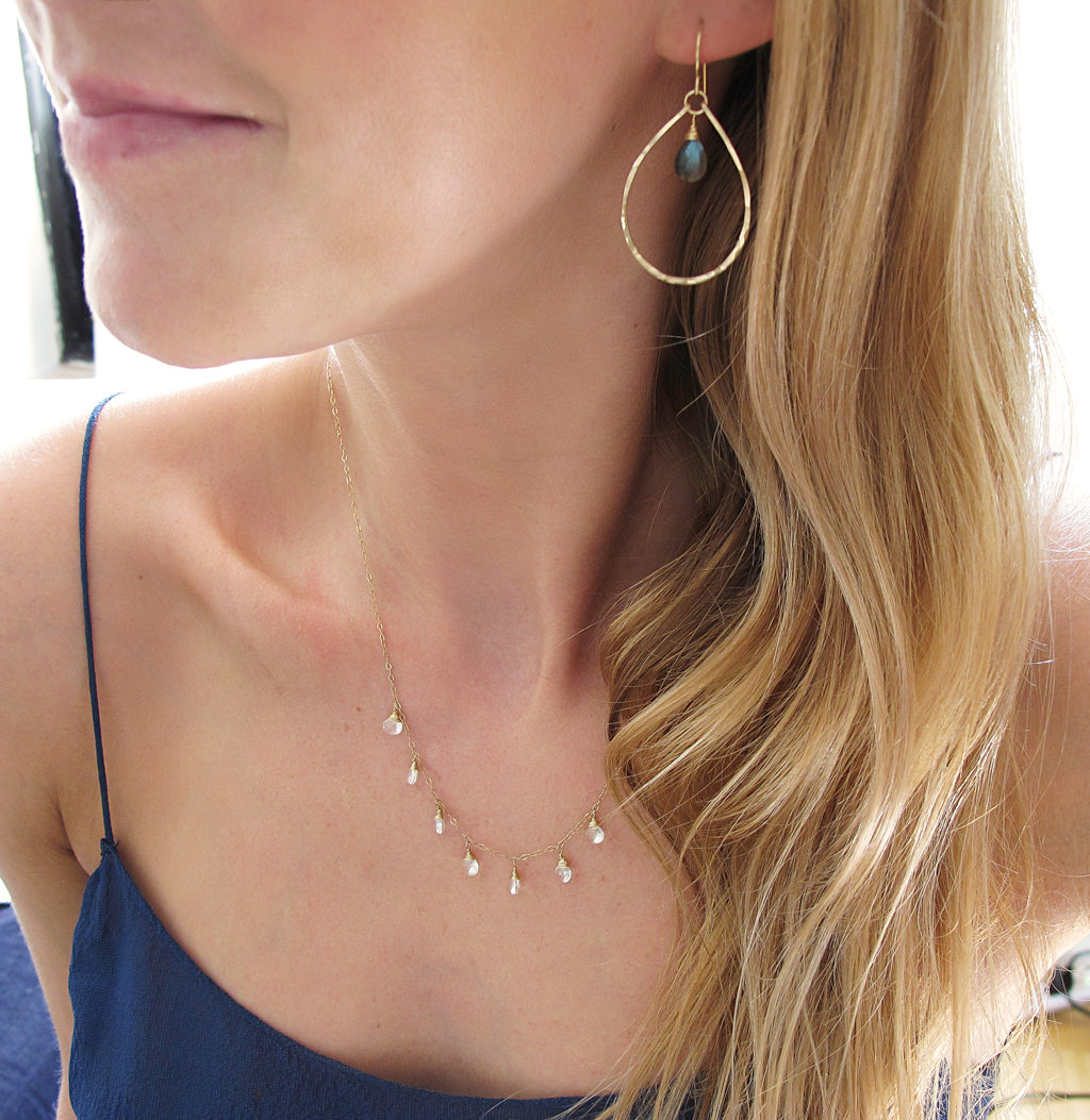 labradorite and hammered gold teardrop hoop earrings by delia langan jewelry