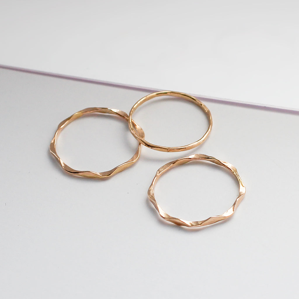 wavy and flat thin gold stacking rings