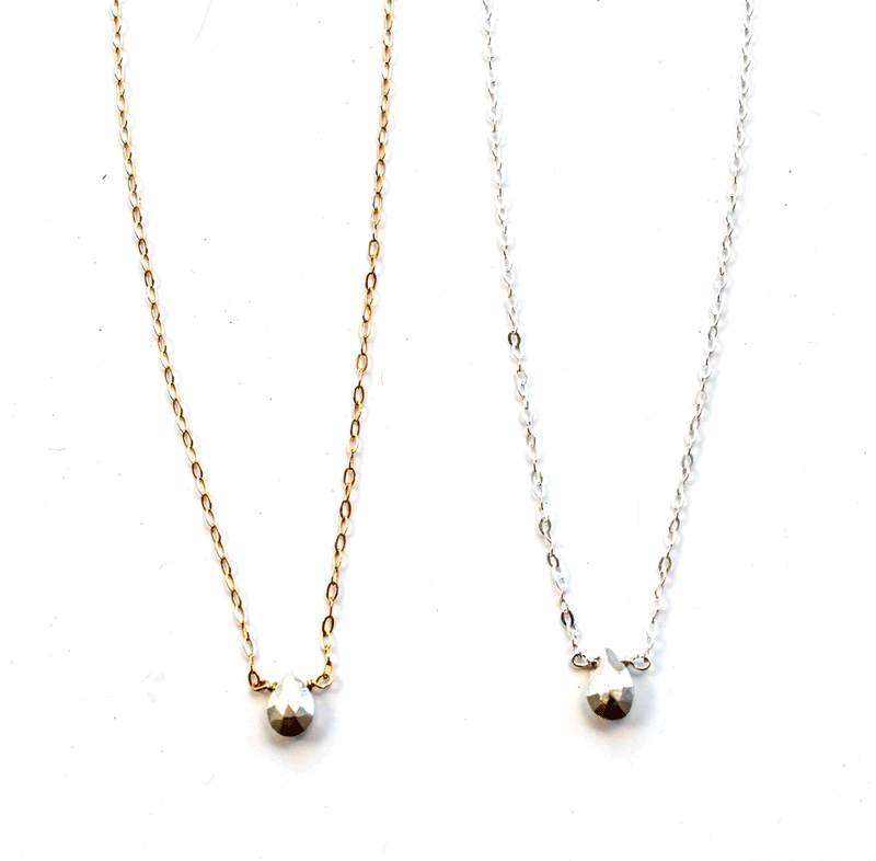 small silver pyrite gemstone necklaces on delicate gold and silver chain by delia langan jewelry