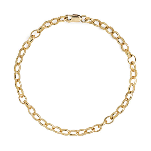 gold rolo chain bracelet against white background