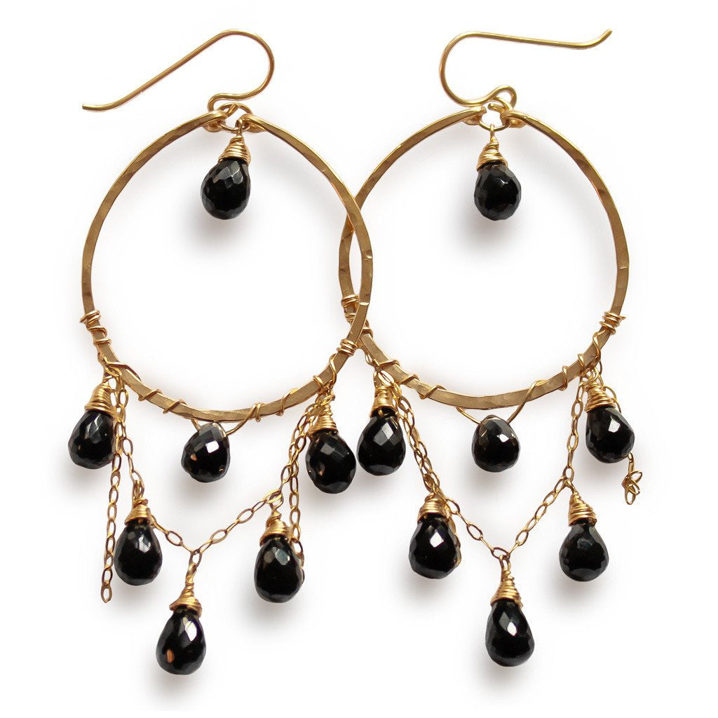 14k gold filled black spinel cascade gemstone hoops on a white surface