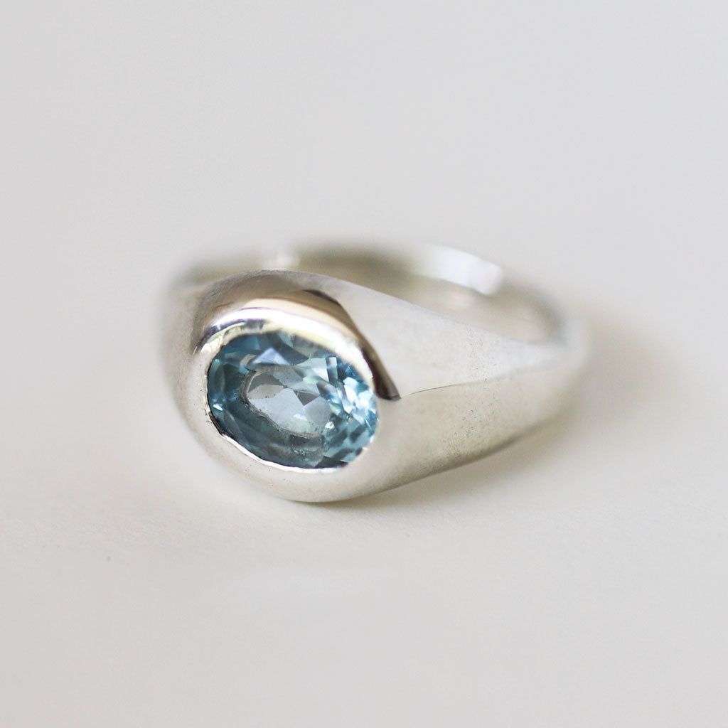 blue topaz gemstone ring in silver on white background