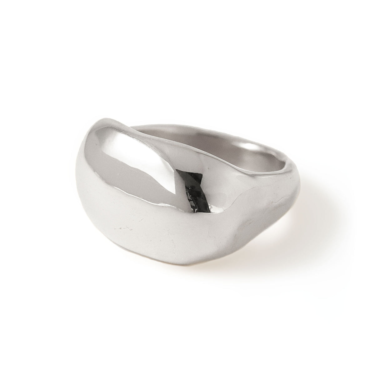 chunky silver ring on white background