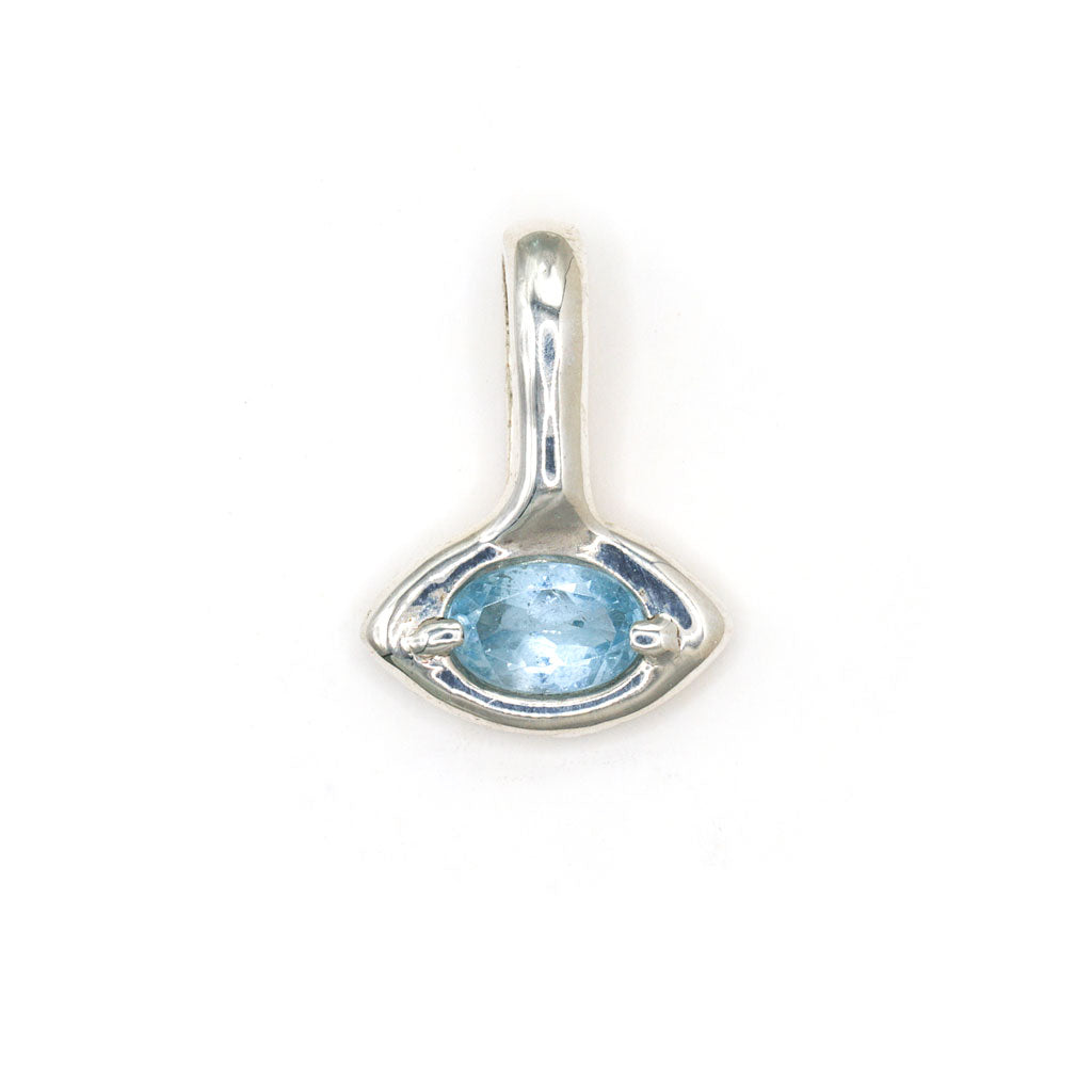 A sterling silver pendant featuring an oval-cut light blue gemstone in a prong setting, shown against a plain white background.