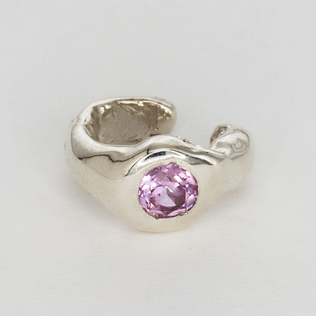 silver ear cuff with pink sapphire gemstone