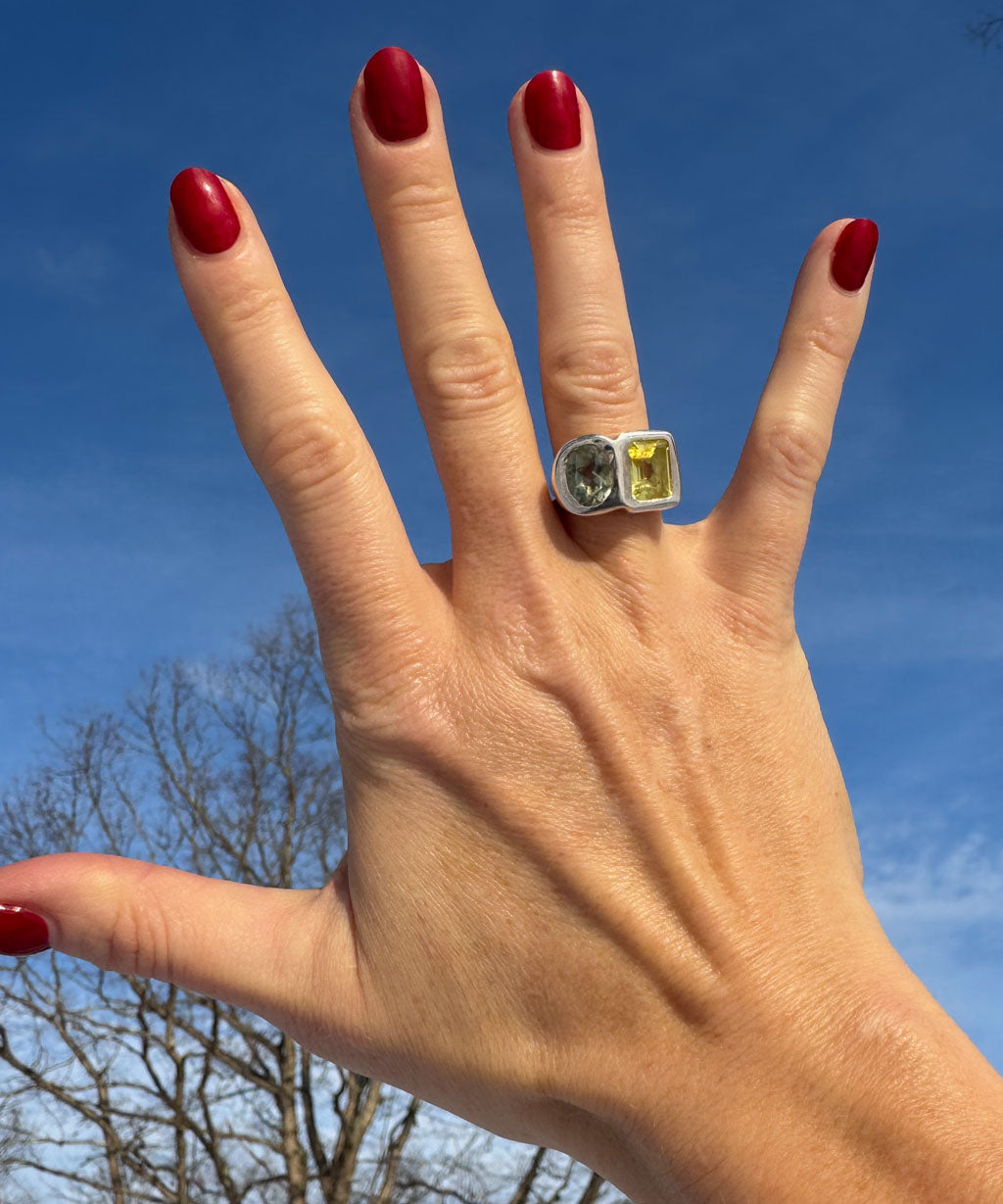 Green Amethyst & Lemon Citrine Toi et Moi Ring