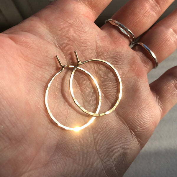 1" diameter solid gold hoop earrings