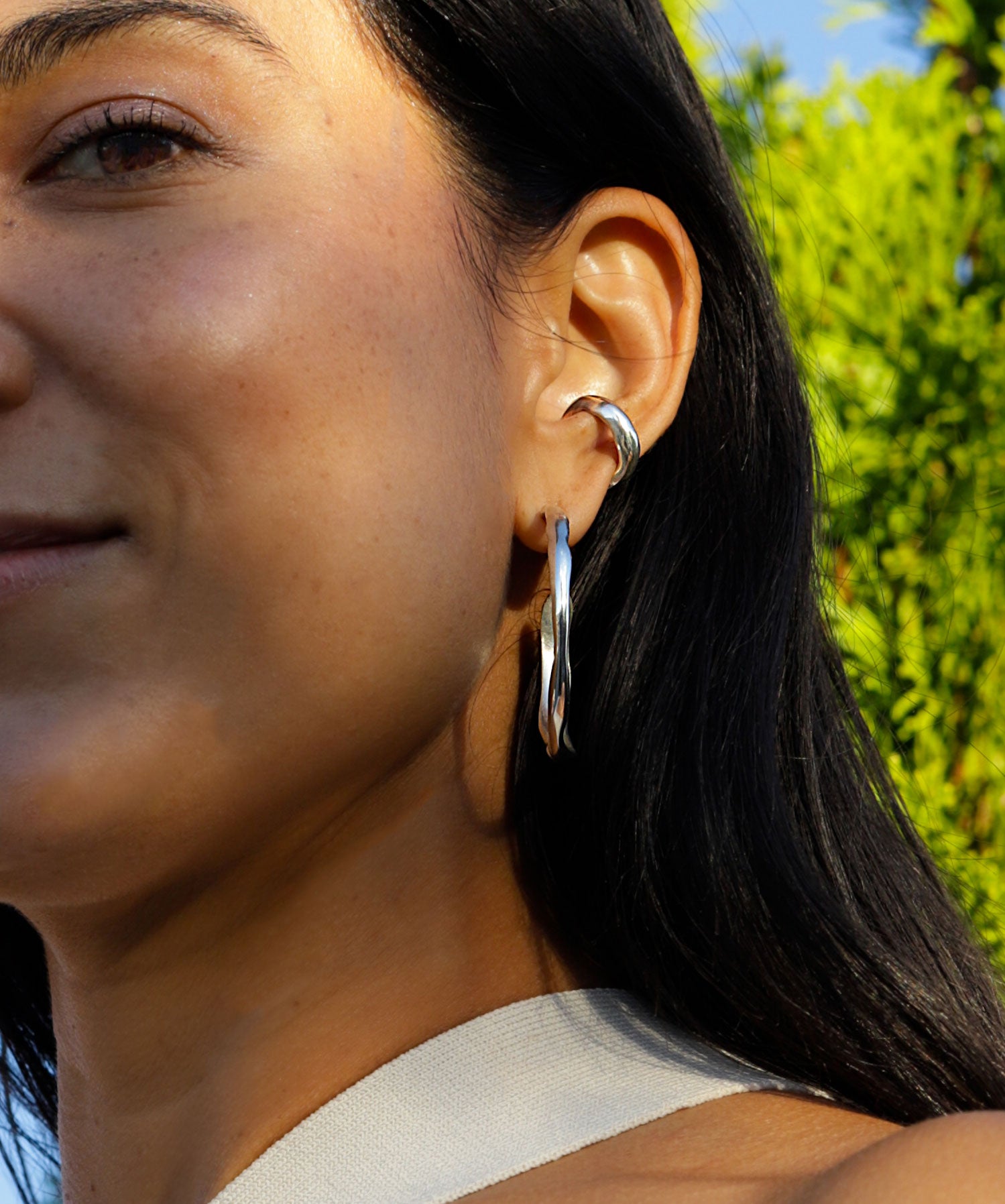Curve Hoop Earrings - Silver, Brass | Handmade in NYC by Delia Langan