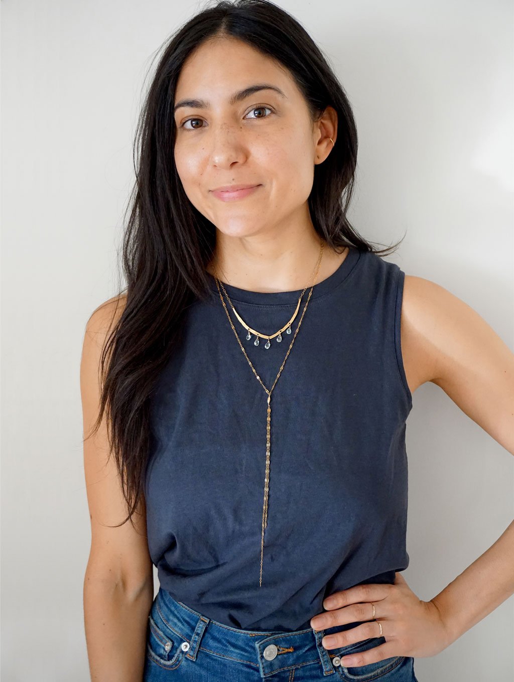 aquamarine flight necklace and gold sequin y necklace by delia langan jewelry