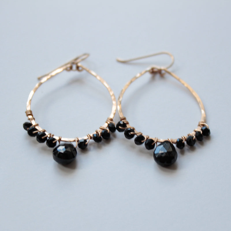 black spinel and gold teardrop hoop earrings by delia langan jewelry