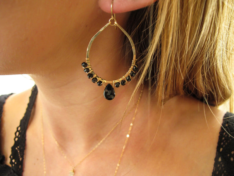 black spinel wire wrapped hammered hoop earrings in 14k gold filled by delia langan jewelry