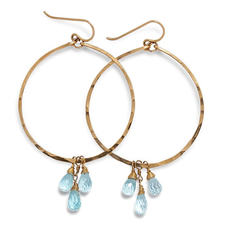 blue topaz and 14k gold filled hammered hoop earrings by delia langan jewelry