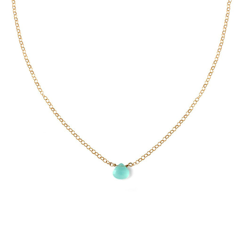 dainty blue chalcedony pendant on delicate gold chain