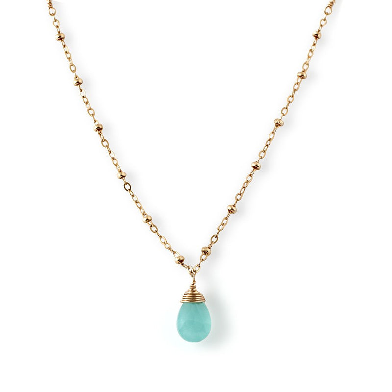 14k gold filled chalcedony gemstone beaded pendant on a white surface 