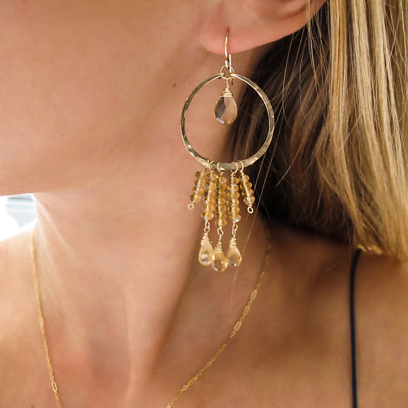 citrine hessonite and champagne quartz gold colored gemstone earrings