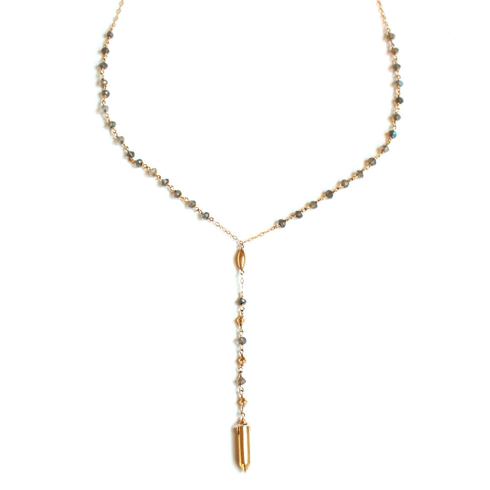 beaded labradorite and gold y necklace