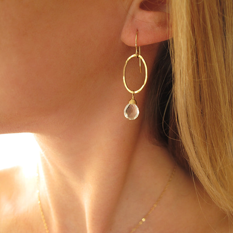 crystal quartz and gold oval small drop earrings by delia langan jewelry