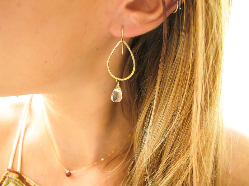 blond woman ear closeup wearing 14k gold filled crystal quartz gemstone teardrop hoops