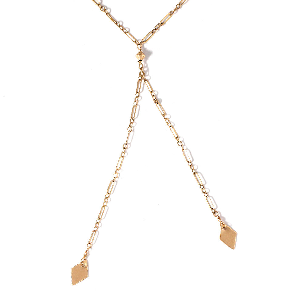 gold y shaped lariat necklace with diamond shaped pendants