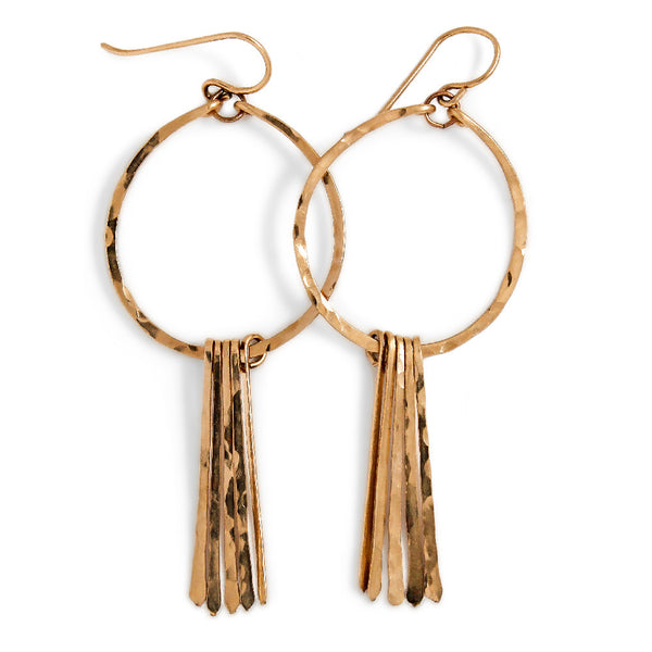14k gold filled round fringe hoop earrings on a white surface