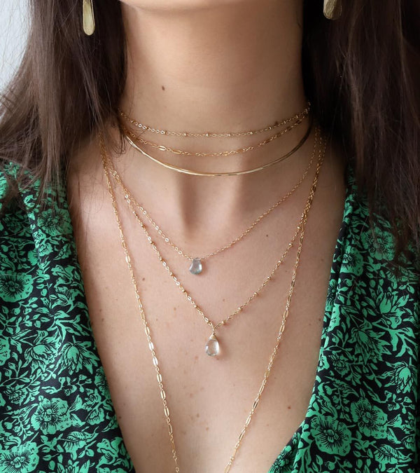delicate layered green amethyst gemstone and gold necklaces
