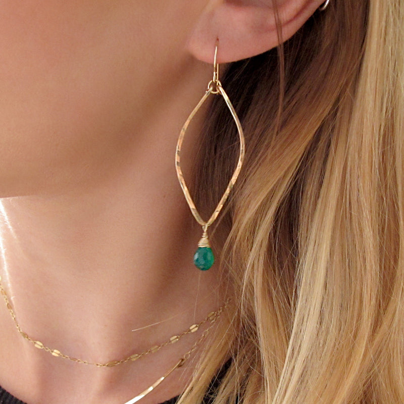 green onyx leaf shaped hoop earrings in gold by delia langan jewelry