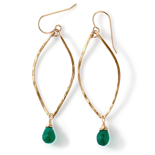 green onyx leaf shaped hoop earrings in gold by delia langan jewelry