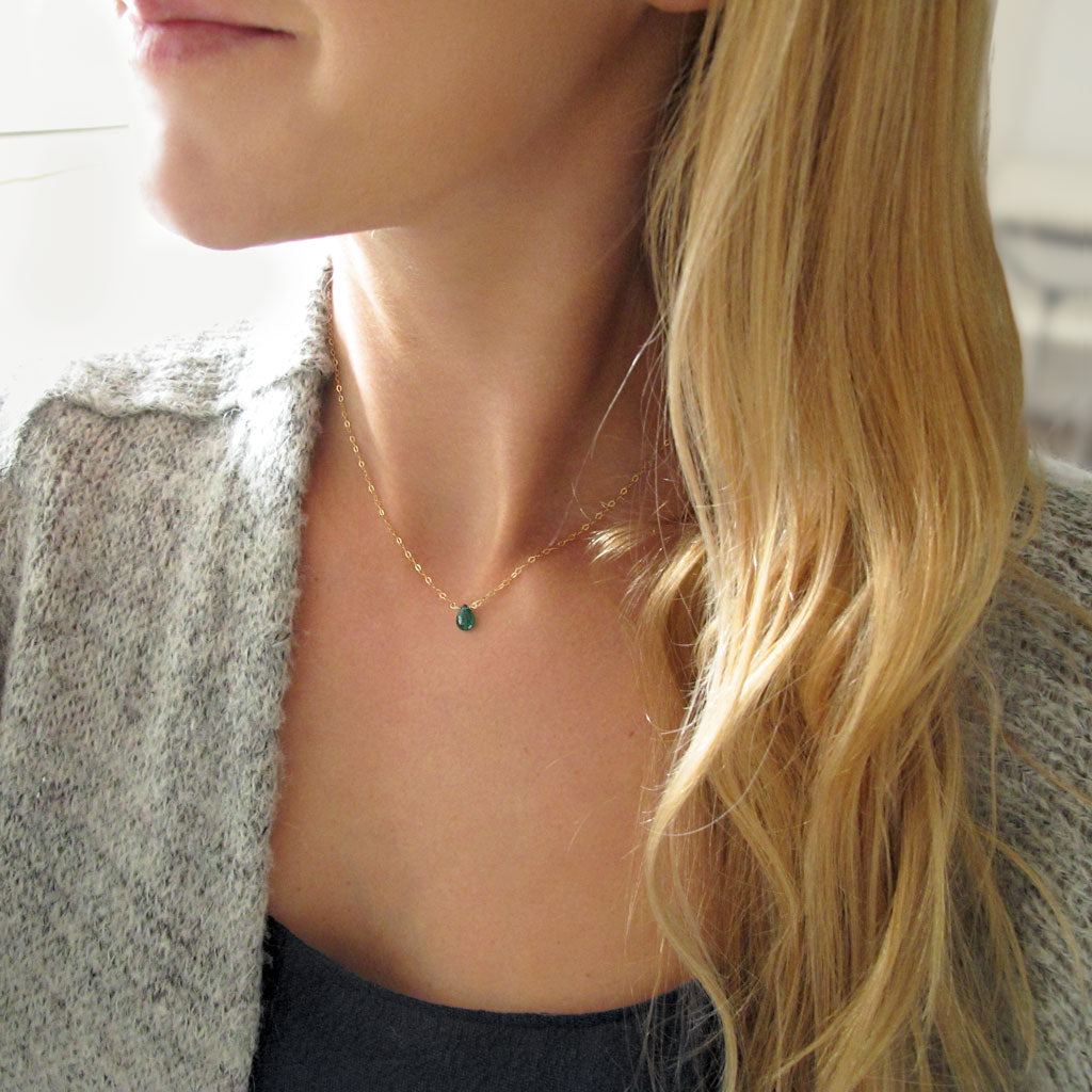 vivid green onyx gemstone necklace on delicate thin gold chain by delia langan jewelry
