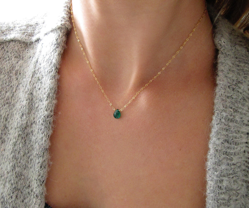 vivid green onyx gemstone necklace on delicate thin gold chain by delia langan jewelry