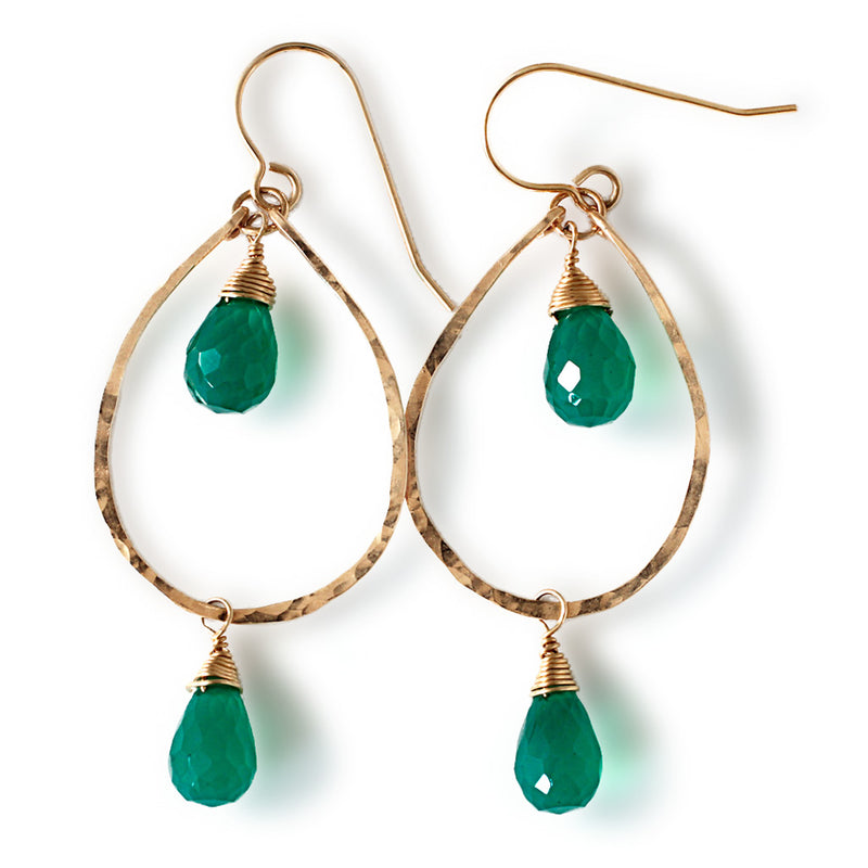 Tiered Drop Gemstone Earrings - Green Onyx