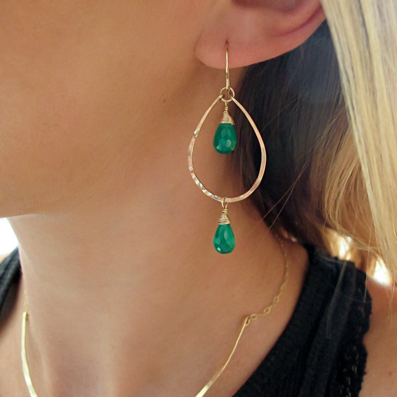 Tiered Drop Gemstone Earrings - Green Onyx