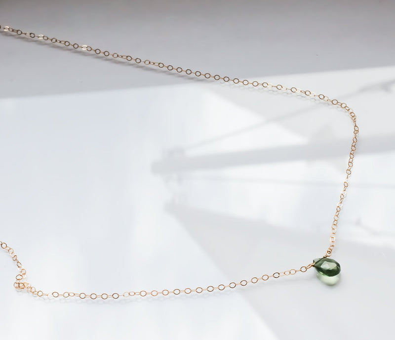 green quartz necklace on delicate gold chain by delia langan jewelry
