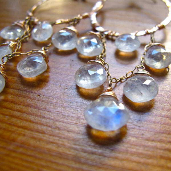 closeup of moonstone and 14k gold filled chandelier earrings by delia langan jewelry