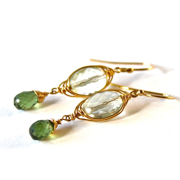 Pretty Little Green Drops - Gold, Green Amethyst and Green Quartz Earrings