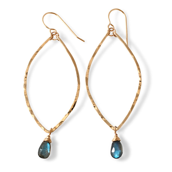 labradorite and gold leaf earrings handmade by delia langan jewelry