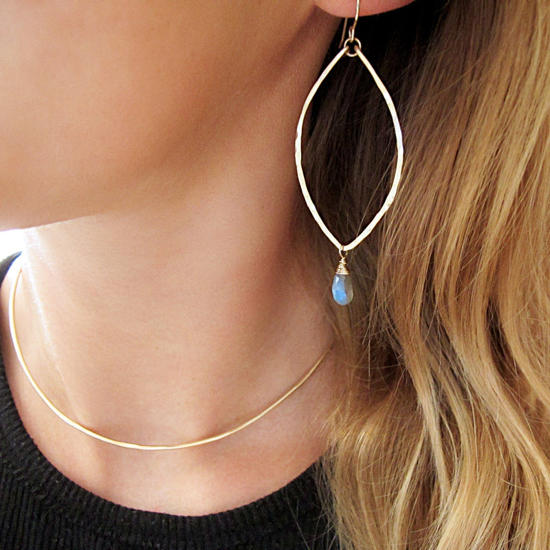 blond woman neck closeup wearing 14k gold filled labradorite leaf gemstone earrings and halo collar 