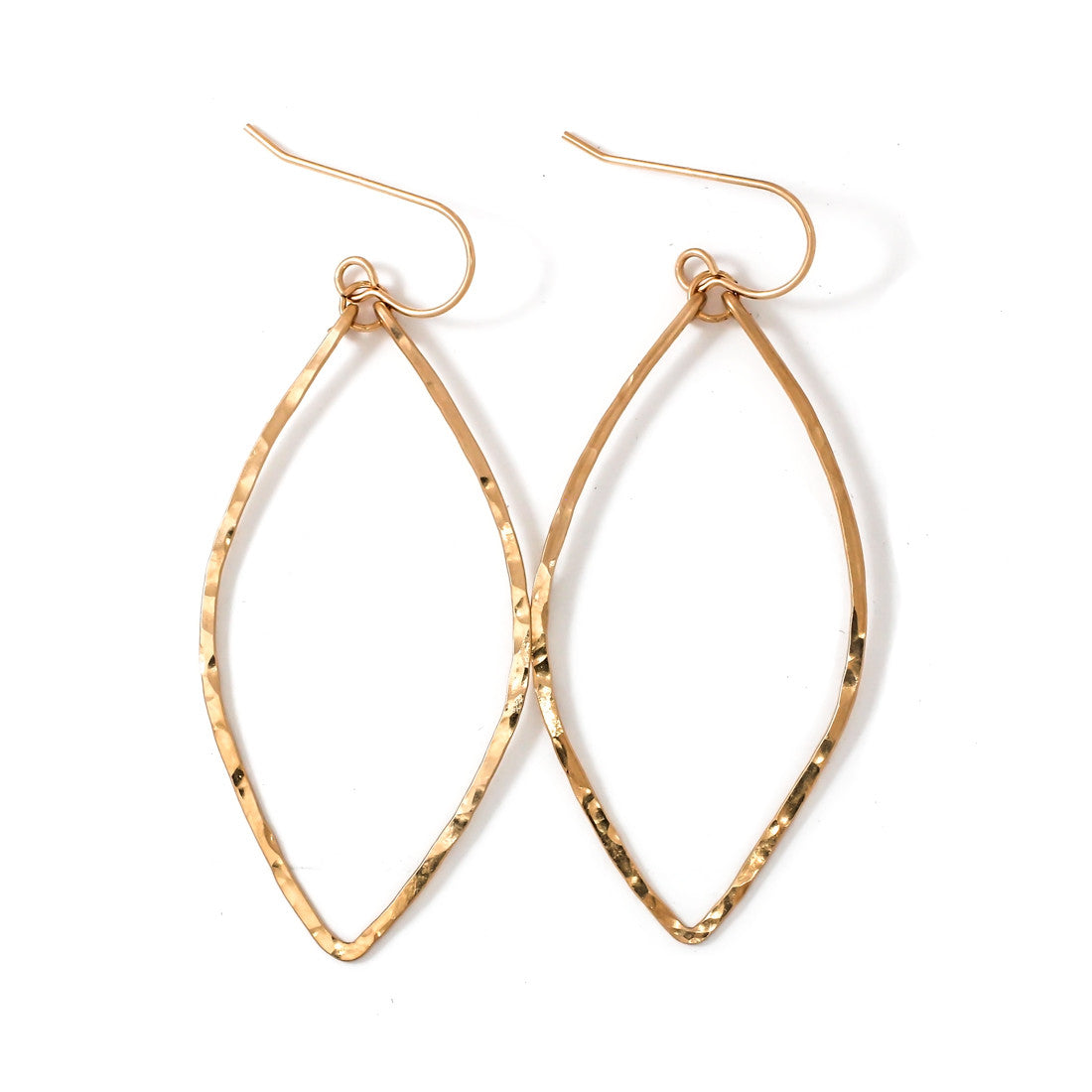 14k gold filled leaf hoop earrings on white surface 