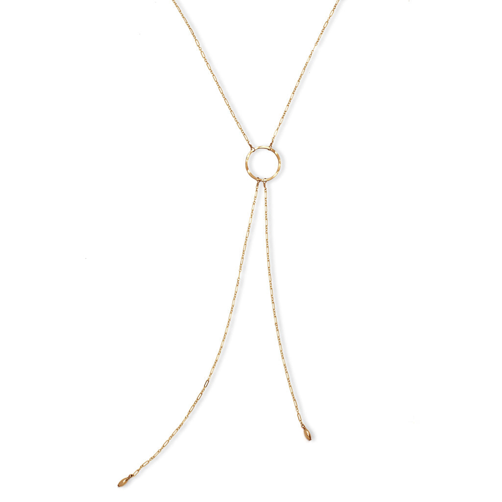 14k gold filled medium bolo y necklace on a white surface