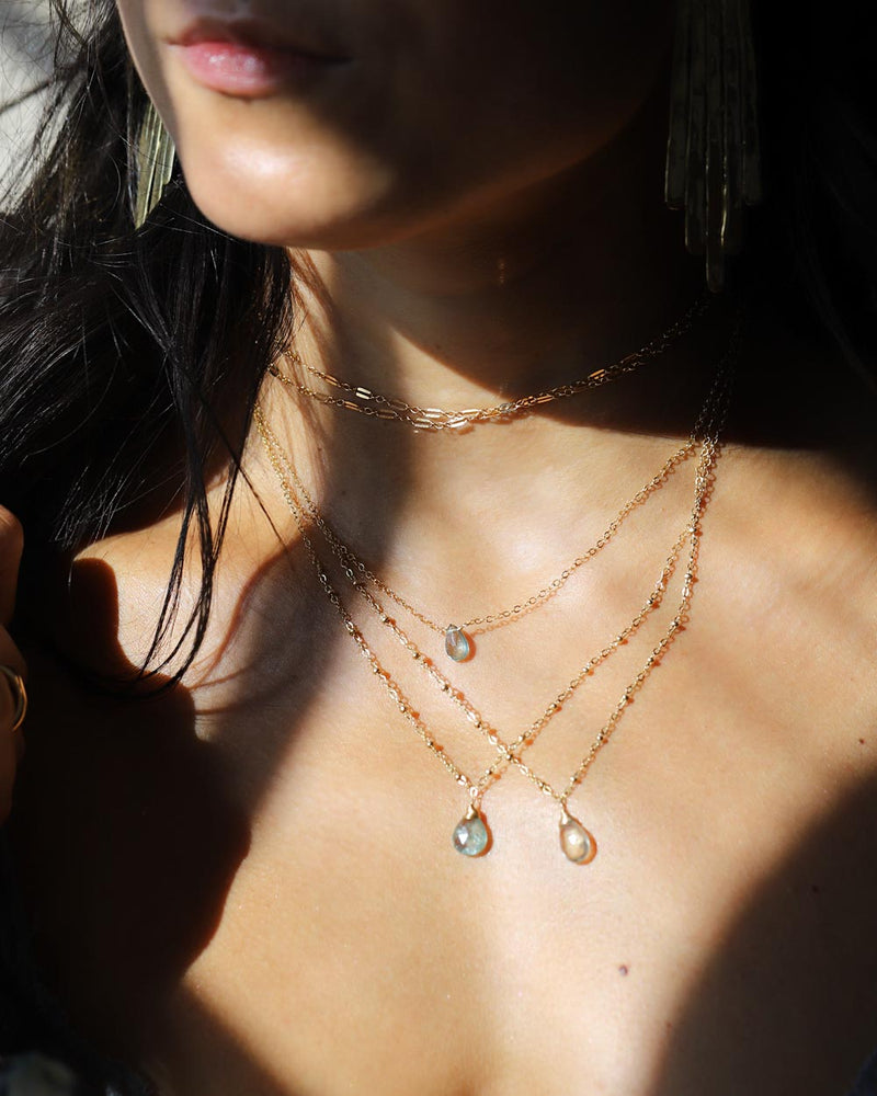 delicate layered green amethyst and moss aquamarine gemstone and gold necklaces