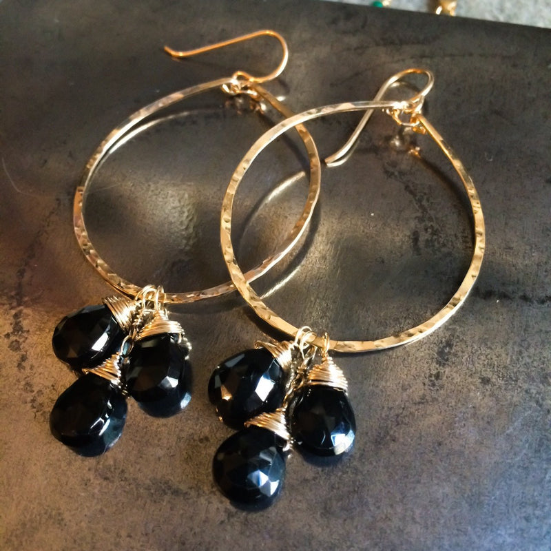 black spinel gemstone and gold hoop earrings by delia langan jewelry