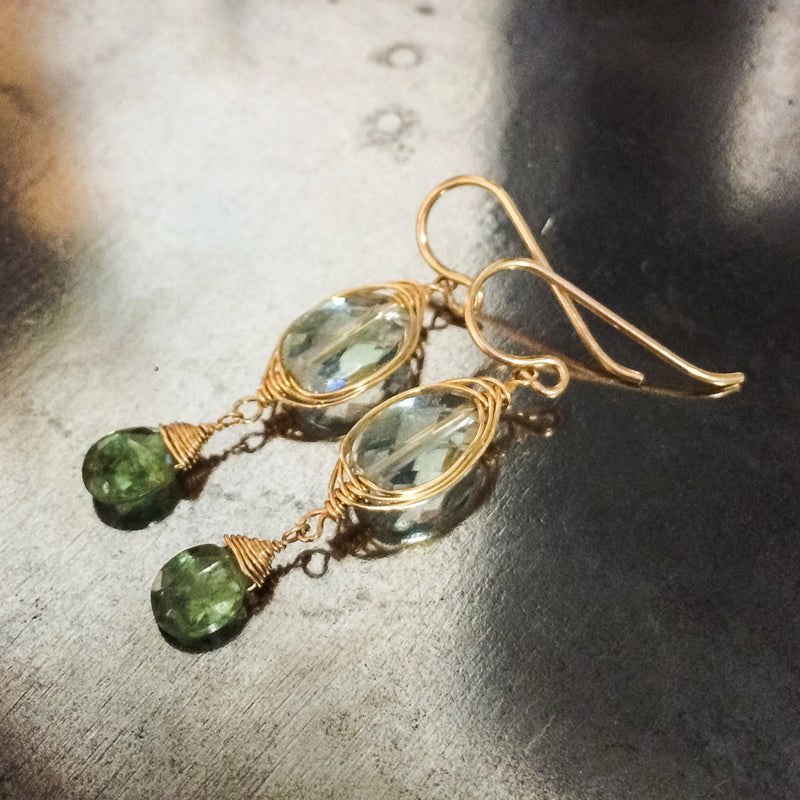 Pretty Little Green Drops - Gold, Green Amethyst and Green Quartz Earrings