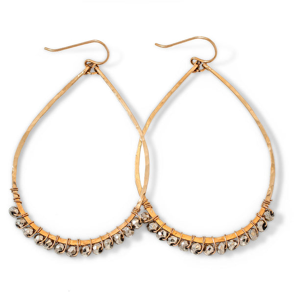 14k gold filled pyrite teardrop gemstone arc hoop earrings on white surface