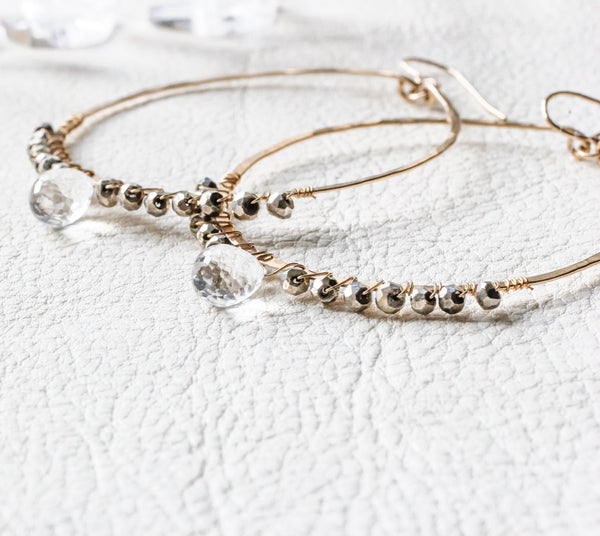 pyrite and crystal quartz hammered gold hoop earrings